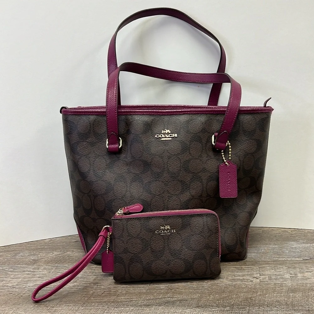 SOLD IN STORE Coach Signature Stitching Tote Brown/Magenta - Picture 15 of 16